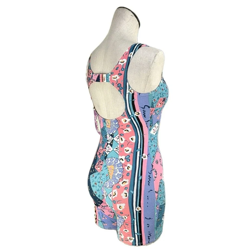 Gilda Marx Kid VTG 80s Pastel Patchwork Cotton Biketard Unitard Open Back Size L